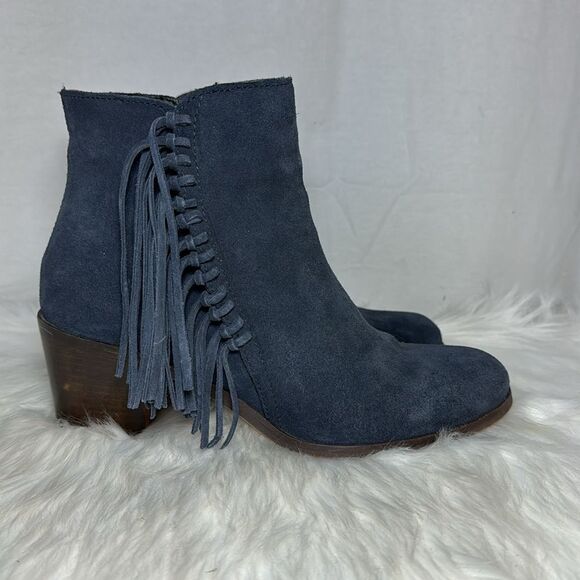 Kenneth Cole Reaction Navy Suede Fringe Side Zip Side Fringe Booties Sz 10 - Picture 4 of 6